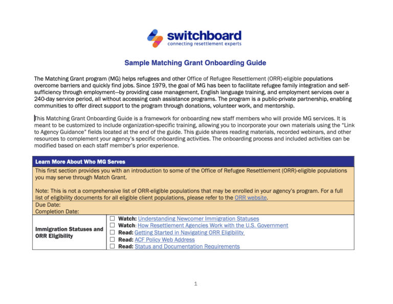 Sample Matching Grant Onboarding Guide